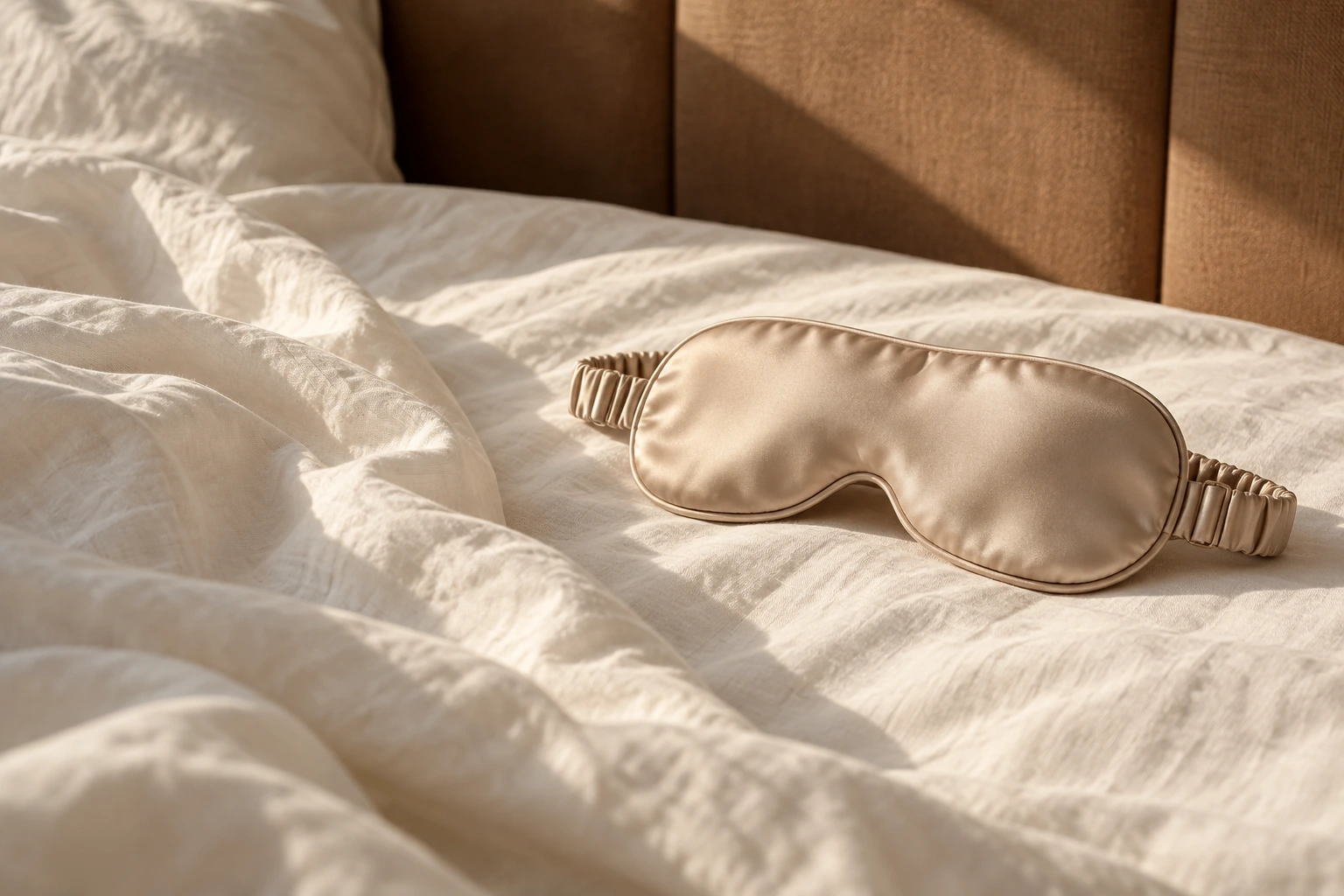Champagne silk eye mask on softly lit ivory bedding